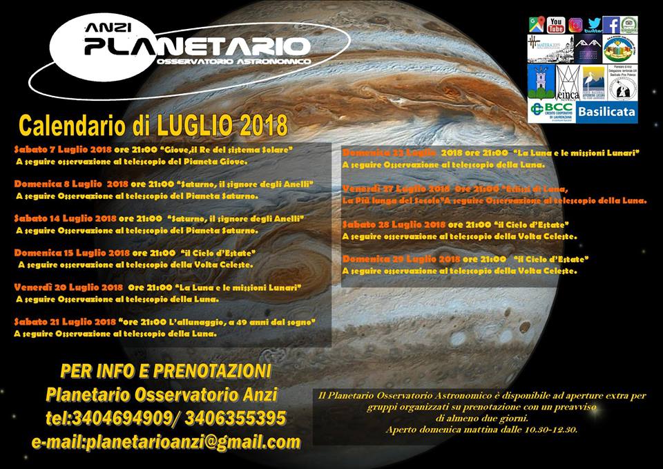 Luglio 2018 al Planetario Osservatorio Astronomico di Basilicata in Anzi