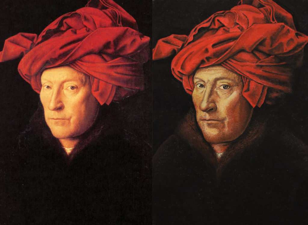 A sinistra "Uomo con turbante rosso" di Jan van Eyck e a destra la copia realizzata dall'allieva Carmela Giudicepietro, esposta nella mostra "In Mostra a Bottega"