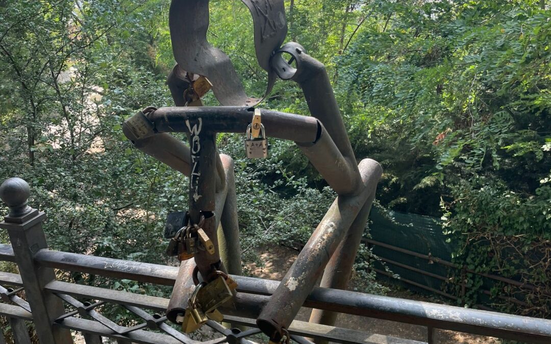 Statua del pensatore: gli alberi sono la recinzione di una abitazione privata
